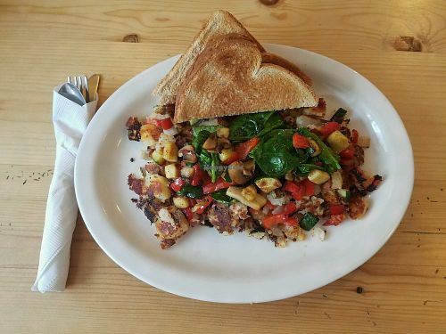 vegan veggie road house hash at Drewski's on the River in Bridgewater Corners