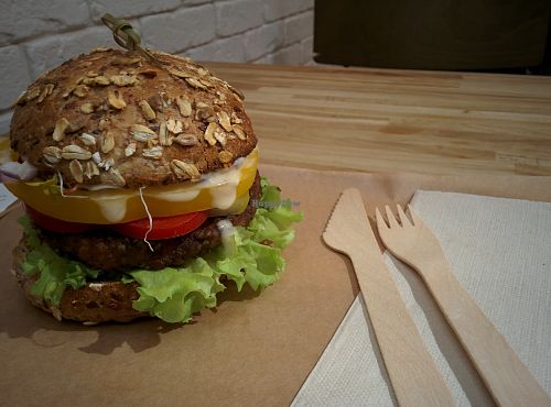 mushroom-hempseed burger at Uwolnić Kury in Warsaw