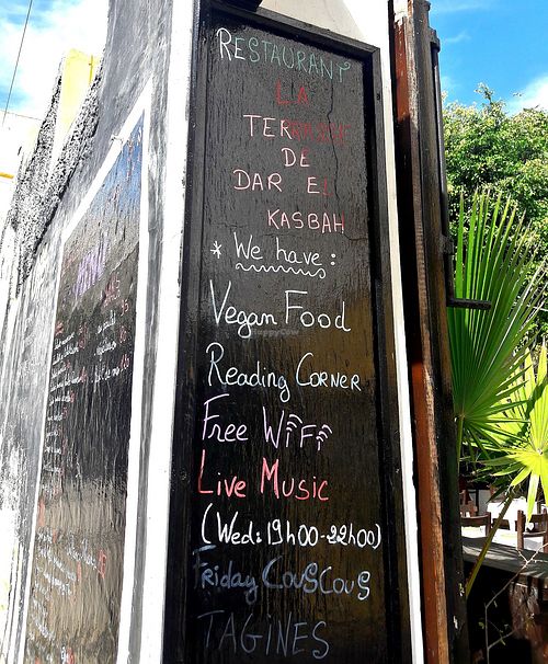 Menu by the gate.  at La Terrasse de Dar el Kasbah in Tangier