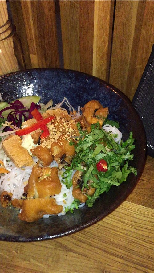Bun Chay

A very delicious and authentic bowl of rice noodles, tofu, crispy portobello mushrooms, salad, peanuts and homemade vegan fish sauce. at Chao Viet Kitchen in Copenhagen