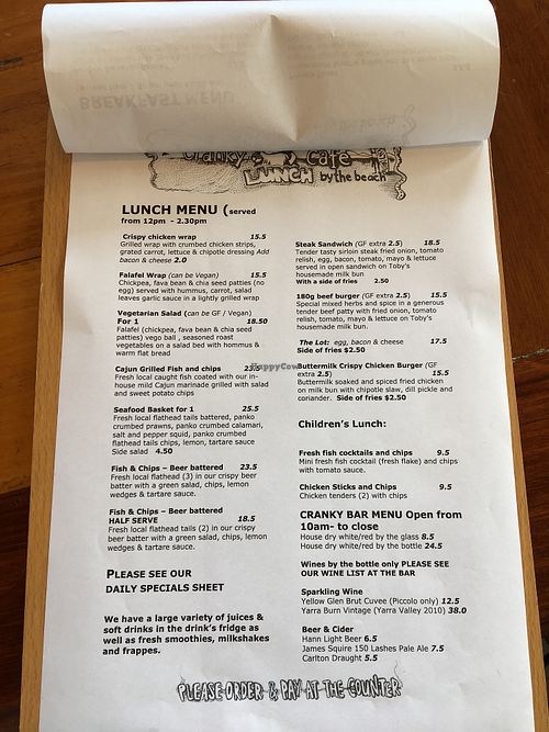 Lunch menu (wrap and salad can be vegan) at Cranky Cafe in Merimbula