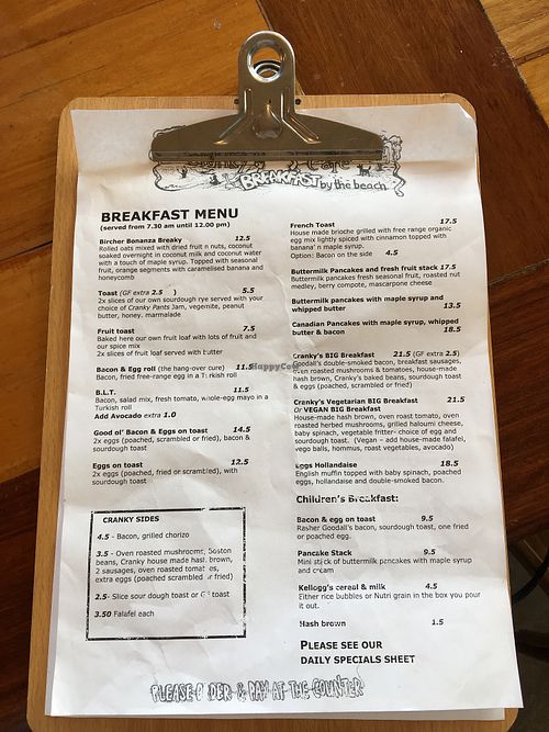 Breakfast menu with big vegan breakfast option  at Cranky Cafe in Merimbula