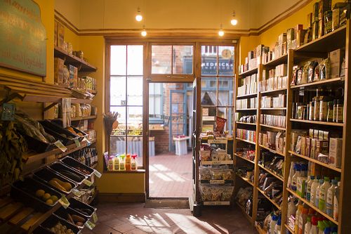 Shelves & sun at Natural Foodstore in Diss