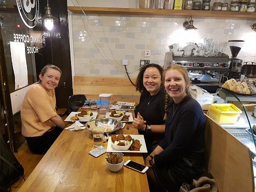 Happy customers enjoying our falafel all-you-can-eat at The Old Station in Bath