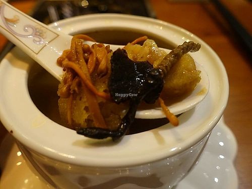 Double boiled Cordyceps soup with a whole cordyceps from Naqu Tibet  at Ganglamedo Vegetarian Cuisine in Central Singapore