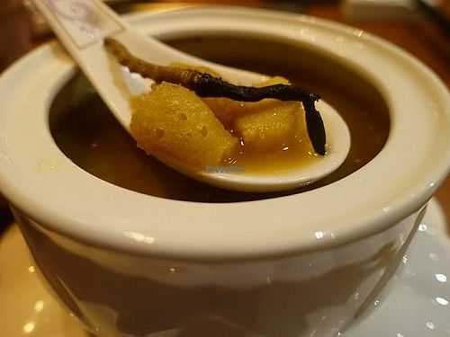 Double boiled Cordyceps soup using 3 soup based combined with wild mushroom & other ingredients
 very nutritious  at Ganglamedo Vegetarian Cuisine in Central Singapore