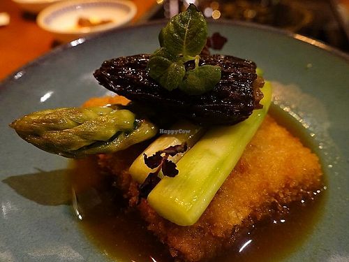 pan fried pan fried Wild Morel with Cordyceps flowers, sparagus and tofu  at Ganglamedo Vegetarian Cuisine in Central Singapore