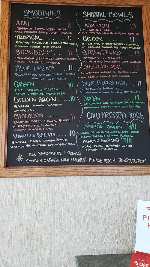 Smoothie menu at Y'not Organic in Pismo Beach