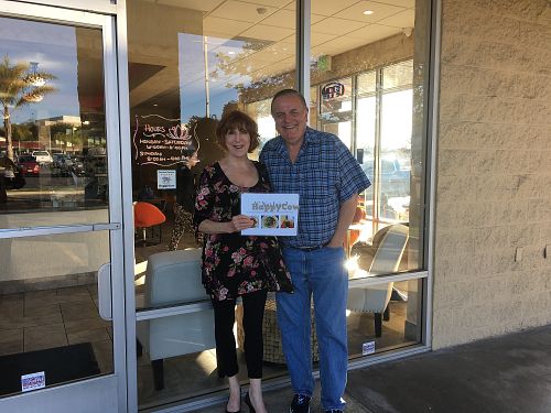 HappyCow team member with SLO Ambassador Steve. (See HappyCow decal of excellence on window.) at Y'not Organic in Pismo Beach