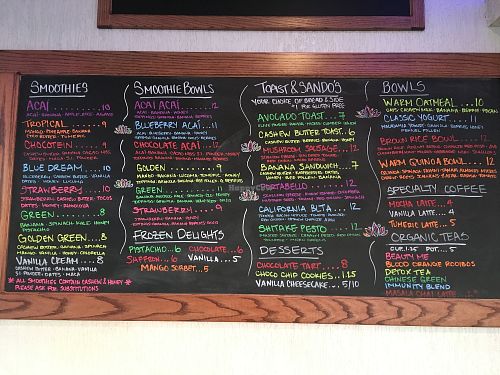 Menu board. at Y'not Organic in Pismo Beach