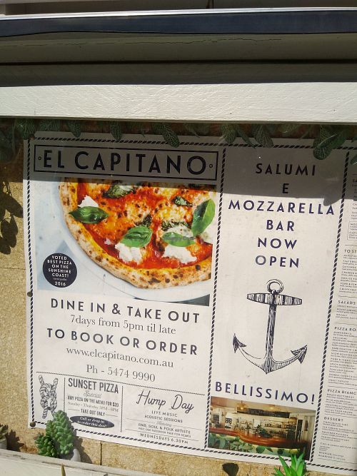 Menu. 2 vegan pizzas. at El Capitano in Noosa Heads