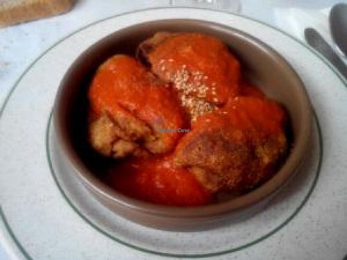 Samosas in a slightly spicy tomato sauce at Vegetariano in Bilbao