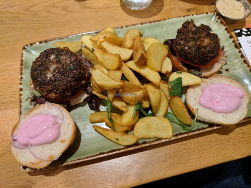 Vegan mini burgers - with vegan soyenaise and potato wedges. Really good at Mi Casa - Pituach in Herzliya