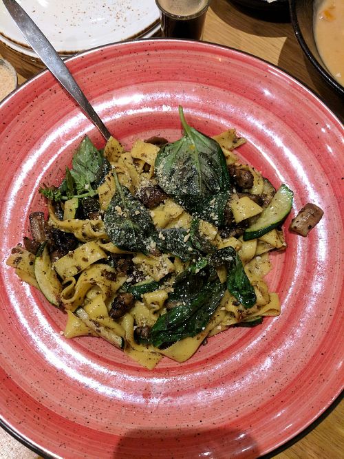 Friendly pappardella - served with zucchini, portobello mushrooms, chestnuts, truffle oil, and vegan cashew parmesan. Highly recommended! at Mi Casa - Pituach in Herzliya