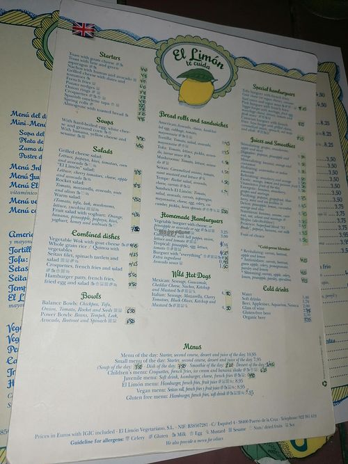 Menu at El Limon in Tenerife