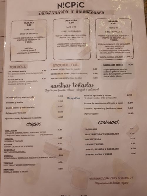 Menu at NicPic in Malaga