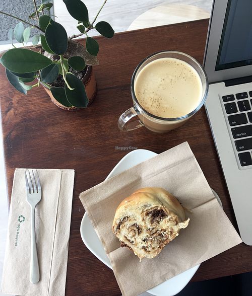 Decaf latte and tahini pie at Jasmine Micro Roastery in Larnaca