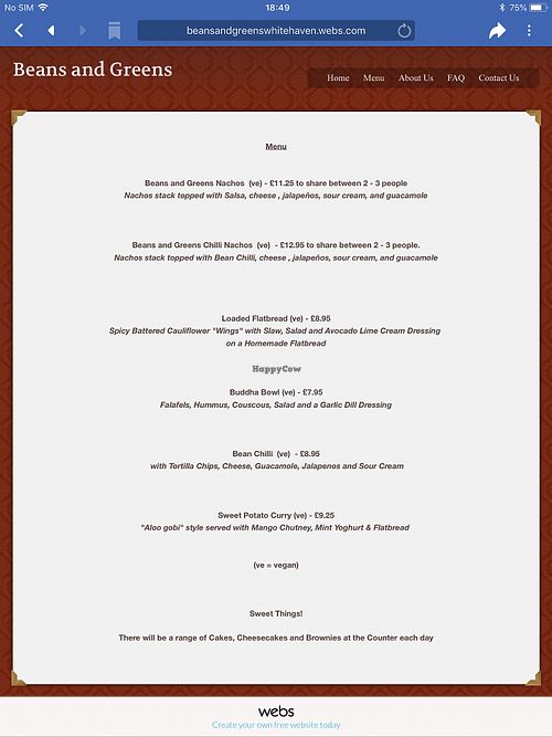 Beans and Greens menu  at Beans and Greens in Whitehaven