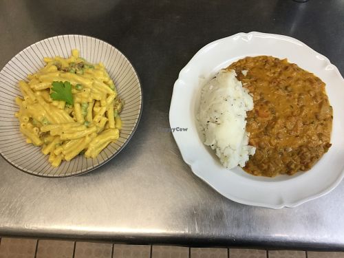 Mac n cheese to the left and Golden lentil stew to the right. Both vegan  at Beans and Greens in Whitehaven