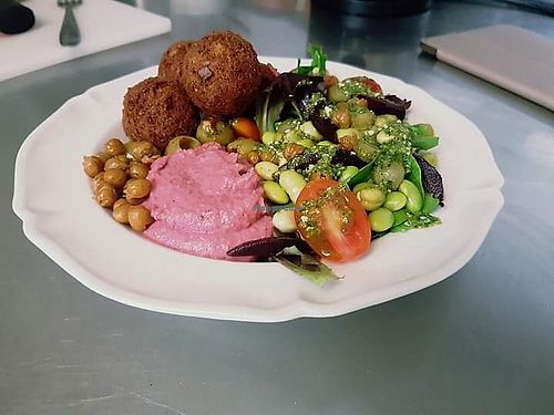 The ultimate Mediterranean bowl with falafels, hummus, mixed salad, edamame beans and green goddess dressing  at Beans and Greens in Whitehaven
