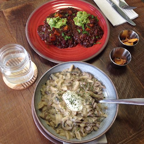 sloppy vegan joe and almond alfredo! at  PLANT GOSSIP - powered by OrVeganic Kitchen in Coeur D Alene