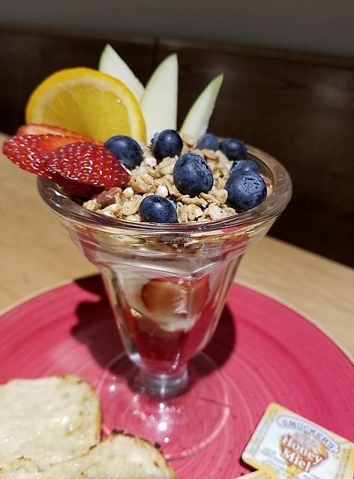 Blueberry and Strawberry granola yogurt parfait (vegetarian) or vegan made with coconut "nogurt" at Gloria's Restaurant in Sudbury