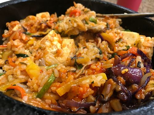 Vegetable Dol Sot Bibimpop with Tofu, sizzling hot and delicious. at Myung Dong Tofu Cabin in San Mateo