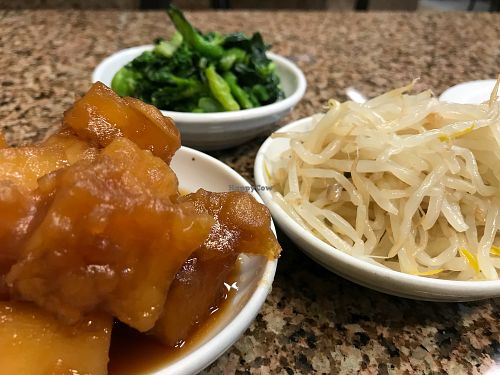 3 of several vegan side dishes. at Myung Dong Tofu Cabin in San Mateo