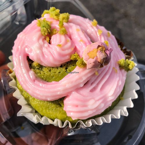Spinach cupcake with rose water & pistachio topping  at The Thyme Pizzeria in Winnetka