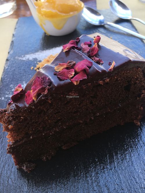 Chocolate cake and mango-ginger sorbet  at Puerta Verde in Lanzarote