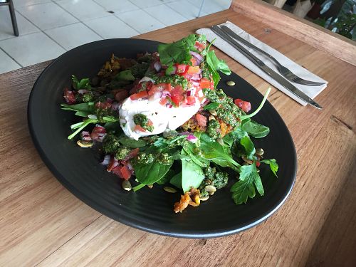 Sweet potato, zucchini and corn fritters (hidden by a delicious salad) at One for the Crow in Maidstone