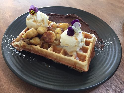 Waffles with caramelised banana, icecream and vegan chocolate hazlenut sauce at One for the Crow in Maidstone