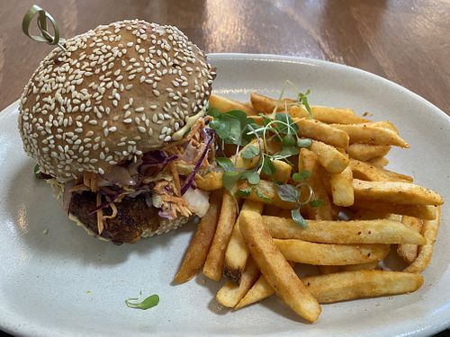vegan chicken burger with fries at One for the Crow in Maidstone