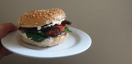 BLT on a bagel with pickles at One for the Crow in Maidstone