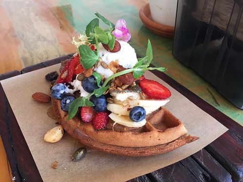 Vegan waffles! Yum! at Byron Bay General Store in Byron Bay