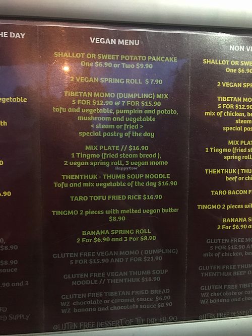 Vegan menu  at Tibetan Momo Cafe & Gifts in West End