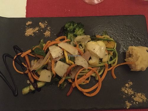Sautéed vegetables with vegan cheese and chickpeas purée at Momentos in Evora