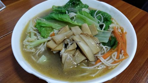 Vegetables with noodles in broth at Wu You You Su Dou Fang in Fuzhou