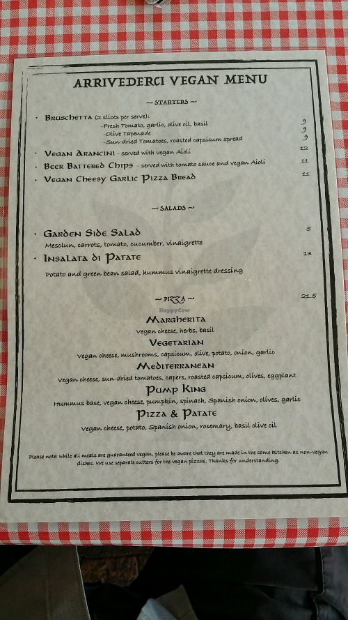 vegan menu 1 at Arrivederci Pizzeria in Milton