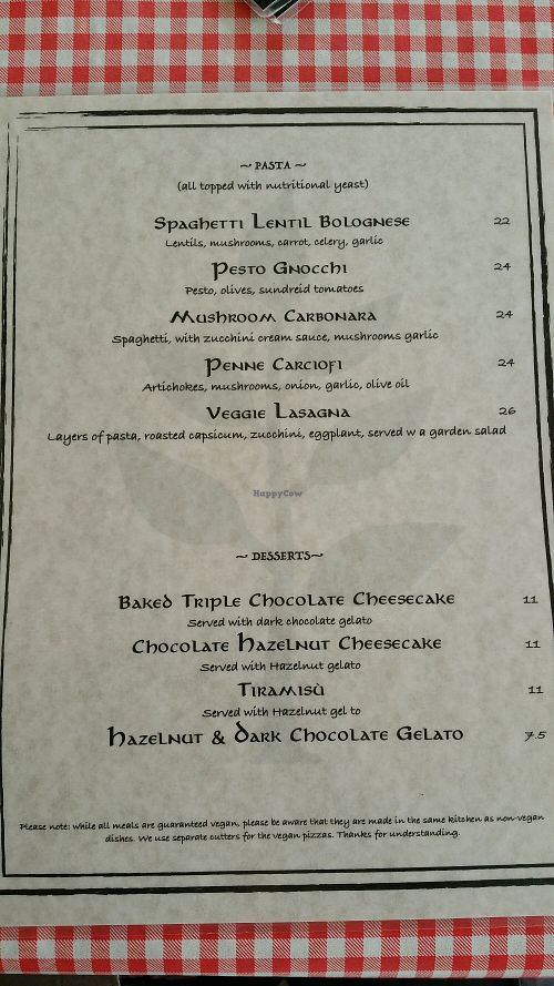 vegan menu 2 at Arrivederci Pizzeria in Milton