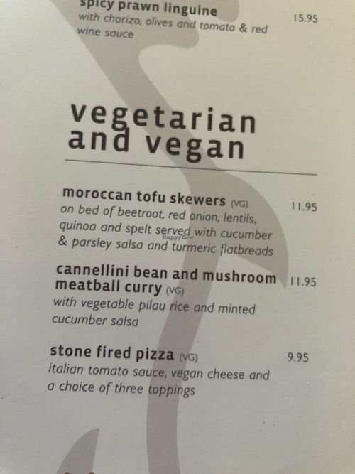 Vegan options and prices - June 2018 at The Boars Head in Walgherton