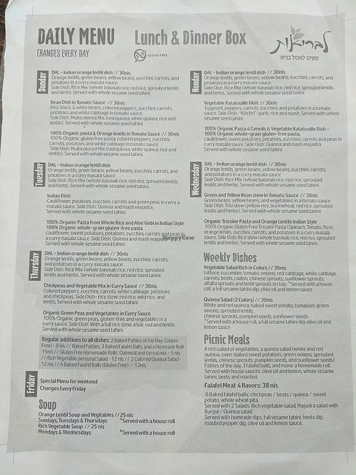 English menu at L'Briut in Raanana