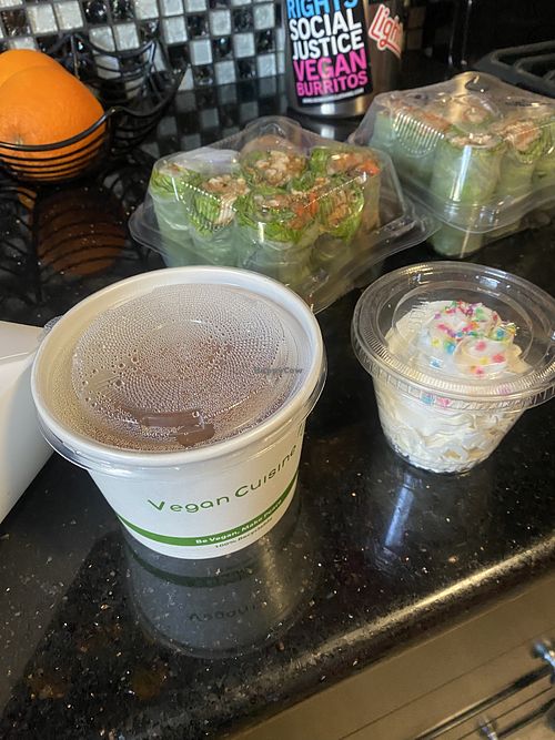 Carrot Cupcake w/Frosting Separate and Spring Rolls x2  at Merit Vegan Restaurant in Sunnyvale