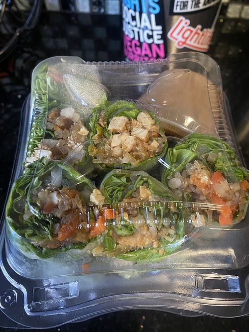 Spring Roll Container (Compostable)  at Merit Vegan Restaurant in Sunnyvale
