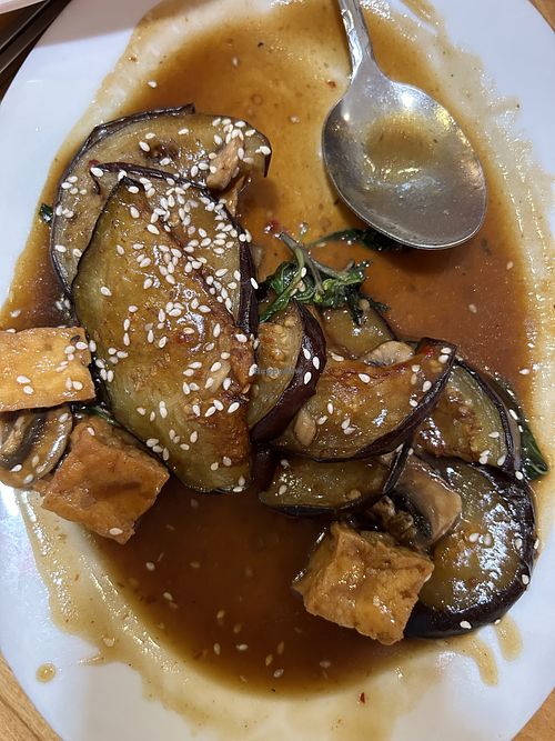 Sesame eggplant -half eaten lol  at Merit Vegan Restaurant in Sunnyvale