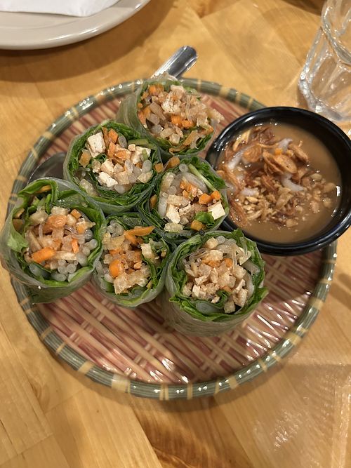 Spring rolls with peanut sauce   at Merit Vegan Restaurant in Sunnyvale