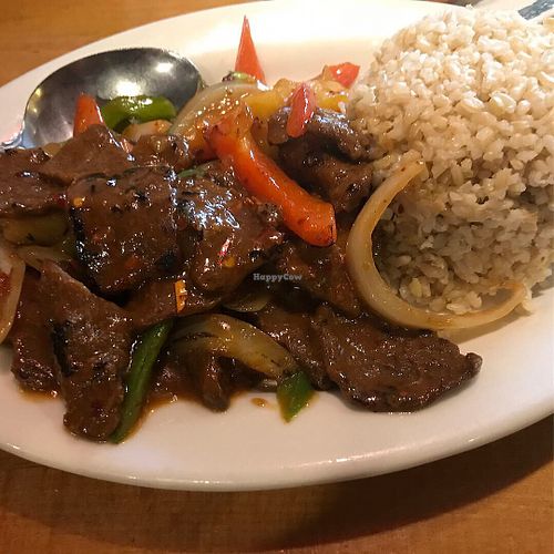 Pineapple beef with rice at Merit Vegan Restaurant in Sunnyvale
