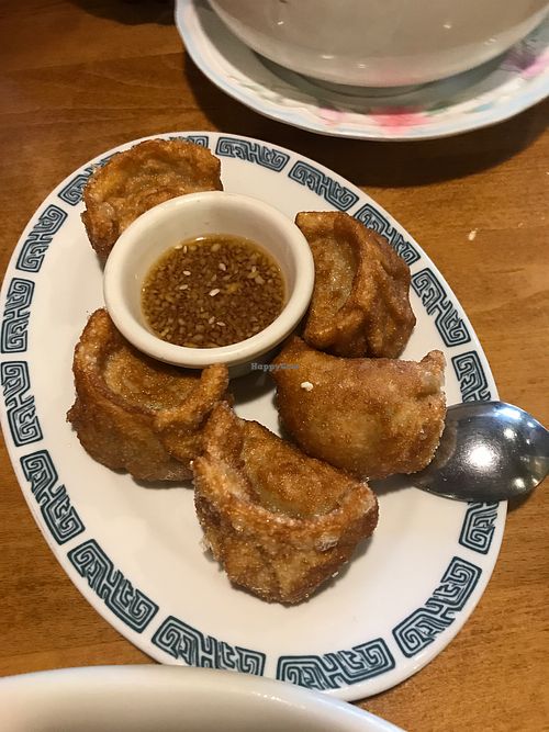Potstickers and sesame seed dipping sauce  at Merit Vegan Restaurant in Sunnyvale