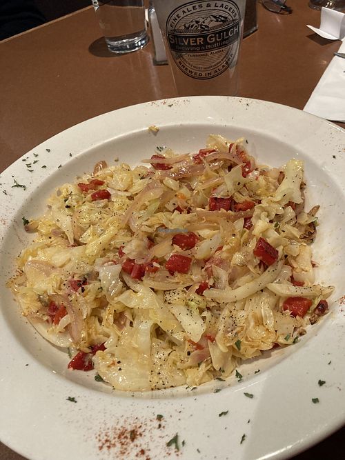 Fresh sautéed cabbage with onions, roasted red peppers in a garlic herb oil with a touch of truffle oil.   at Silver Gulch Brewing & Bottling Co in Fairbanks