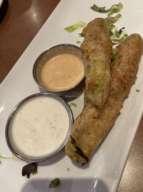 Fried pickles! (Ranch dip was not vegan, but it may be available upon request. Also, the chef will make a stir fry to your liking.)  at Silver Gulch Brewing & Bottling Co in Fairbanks